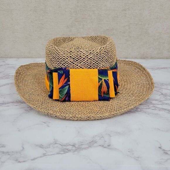 Hatlanta Vintage Straw Raffia Sun Hat Wide Brim Tropical Floral Band main image 6